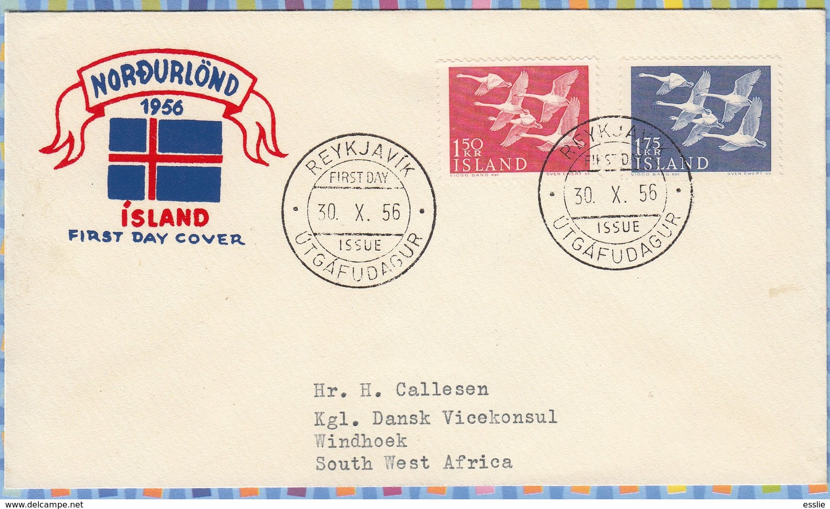 Iceland FDC Cover South West Africa SWA Royal Danish Viceconsulate - 1956 - Whooper Swans - Covers & Documents