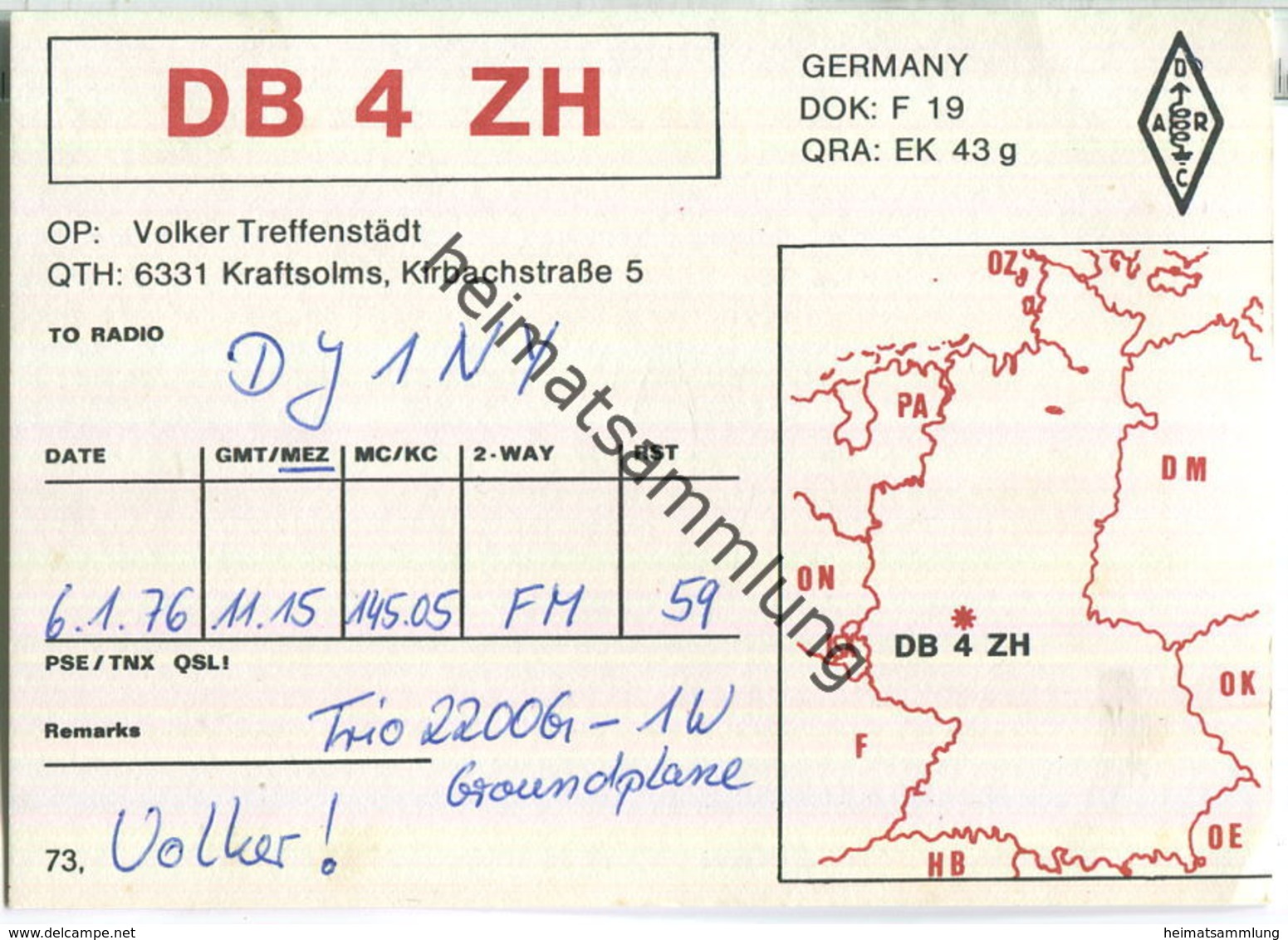 QSL - QTH - Funkkarte - DB4ZH - Kraftsolms - Radio Amateur