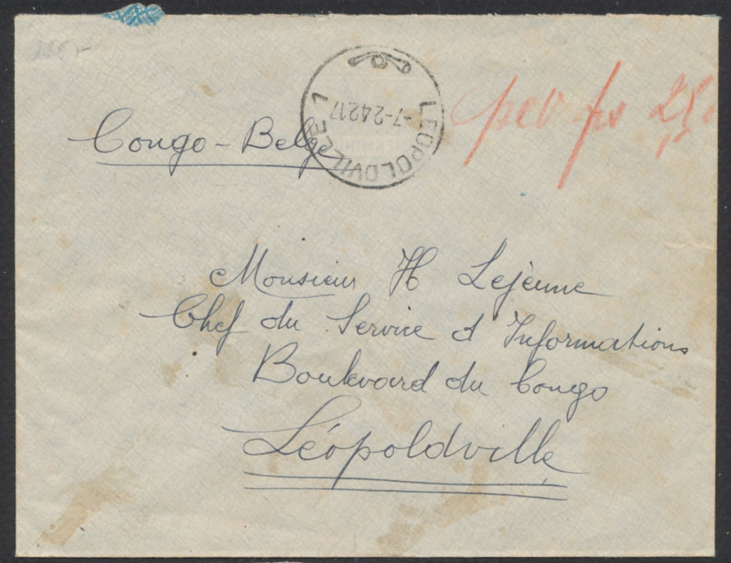 Guerre 40-45 - Lettre Expédié De ? Vers Chef Du Service D'information à Léopoldville + Censure Du Congo /Taxe à La Craie - Briefe U. Dokumente