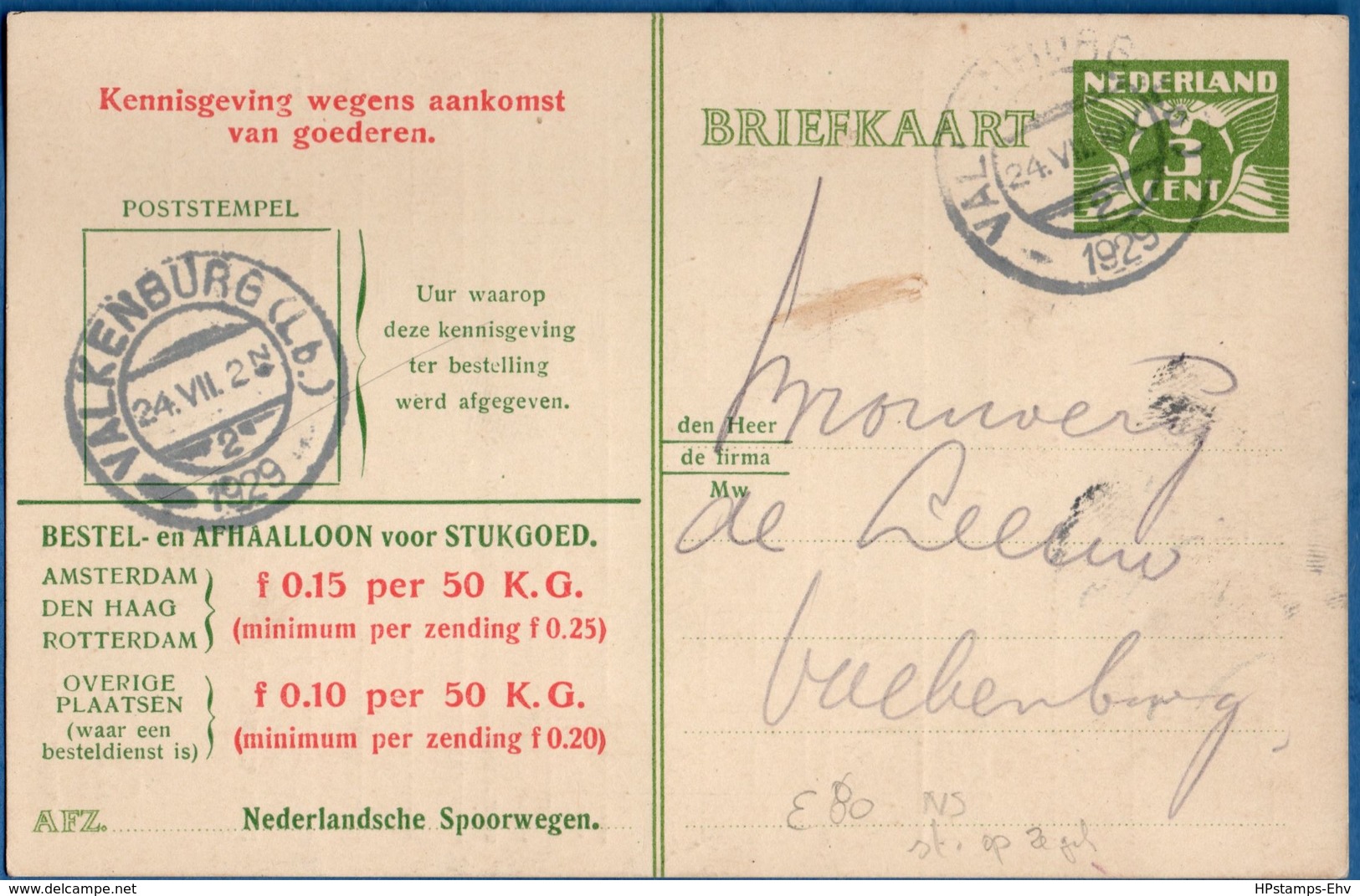 Netherlands 1929 Nederlandse Spoorwegen Kennisgeving Kaart Lebeau 3 C. Lokaal Valkenburg-2, 24.VII.1929 - 2006.1308 - Lettres & Documents