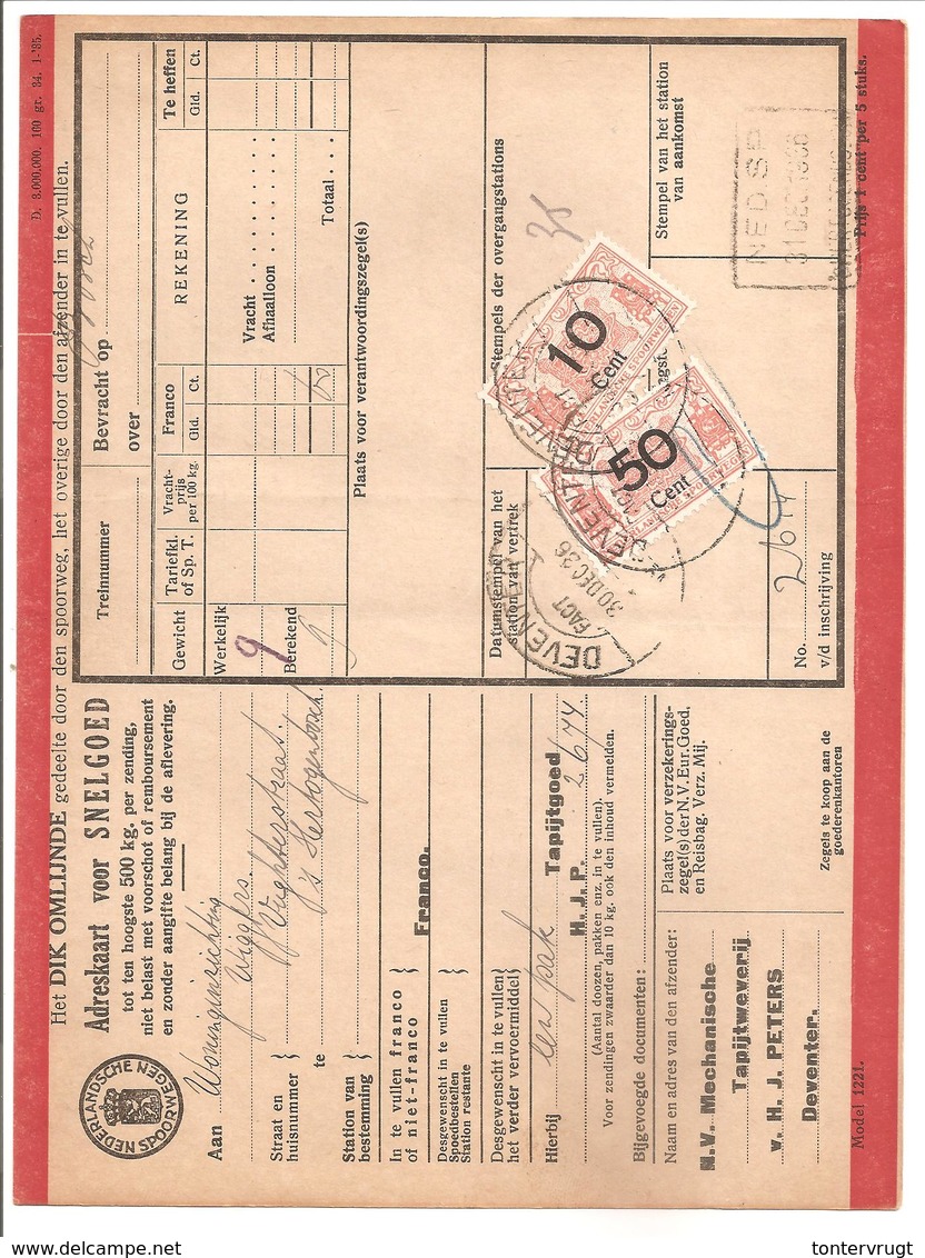 Spoorweg Adreskaart Deventer 1936 10 Cent + 50 Cent Rood - Chemins De Fer