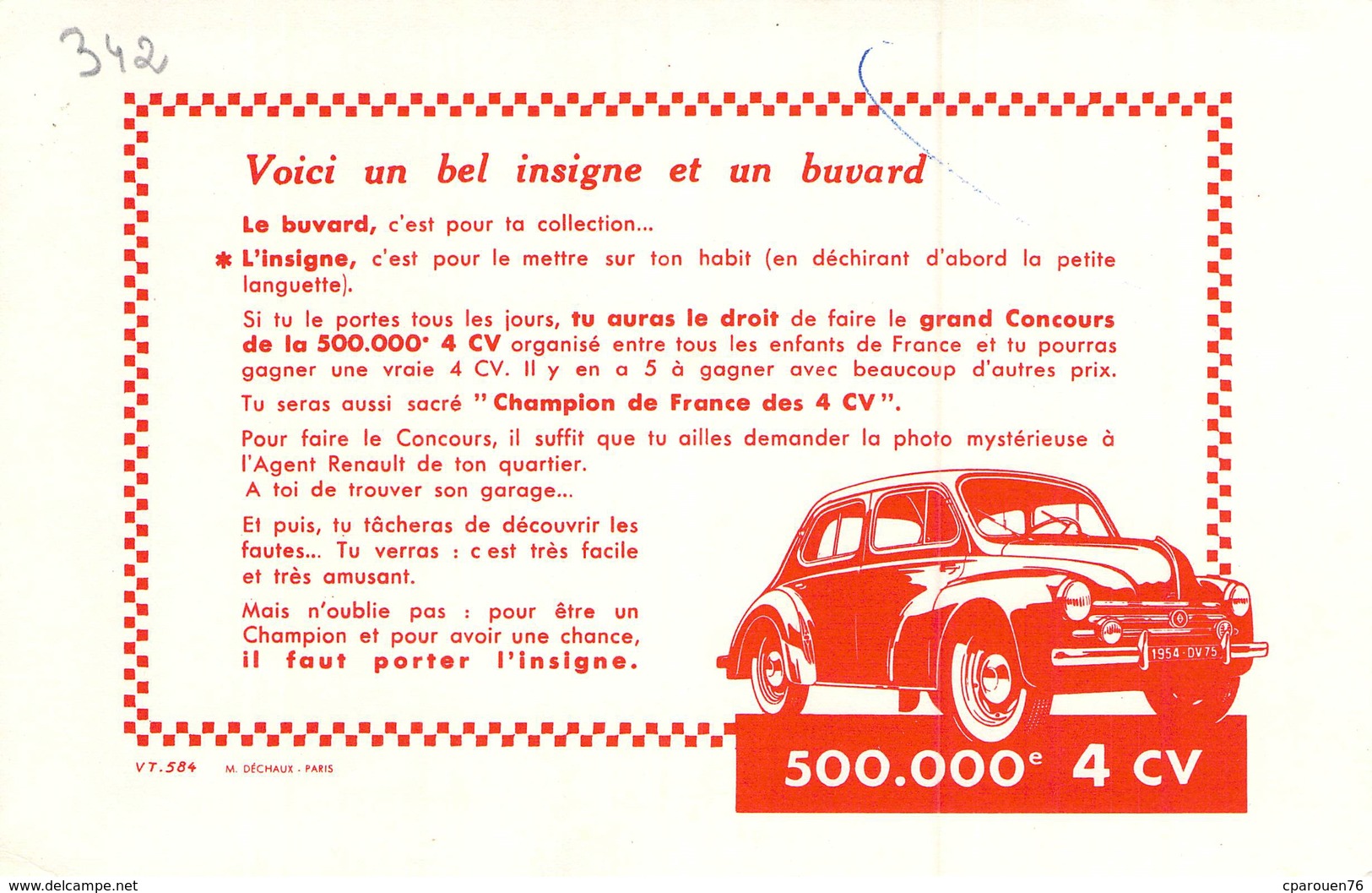 Ancien Buvard Carburant Voiture Automobile 500 000 ème 4 CV Renault - Automóviles