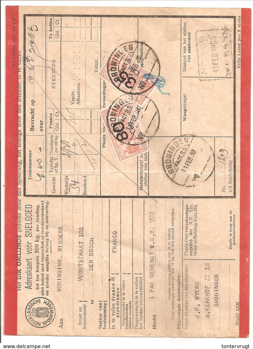 Spoorweg Adreskaart Groningen 1938 35 Cent + 80 Cent Rood - Chemins De Fer