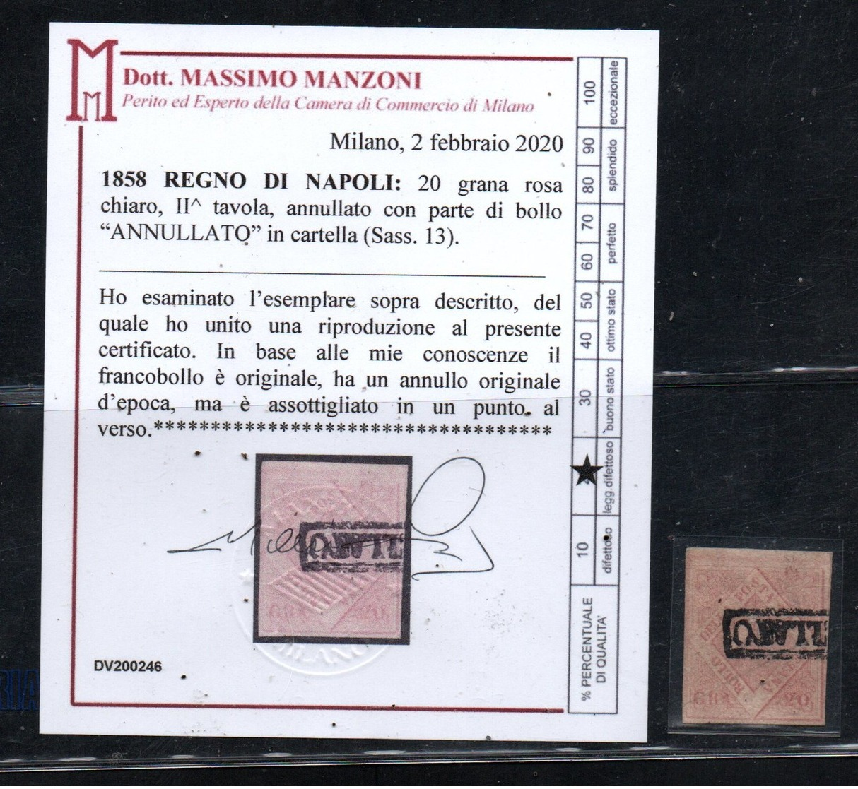 20 GRANA:  Esemplare II Tavola  ( Sass.13) Usato Lieve Assott.  : Certificato Manzoni & Sigla (€ 2.500) - Napoli