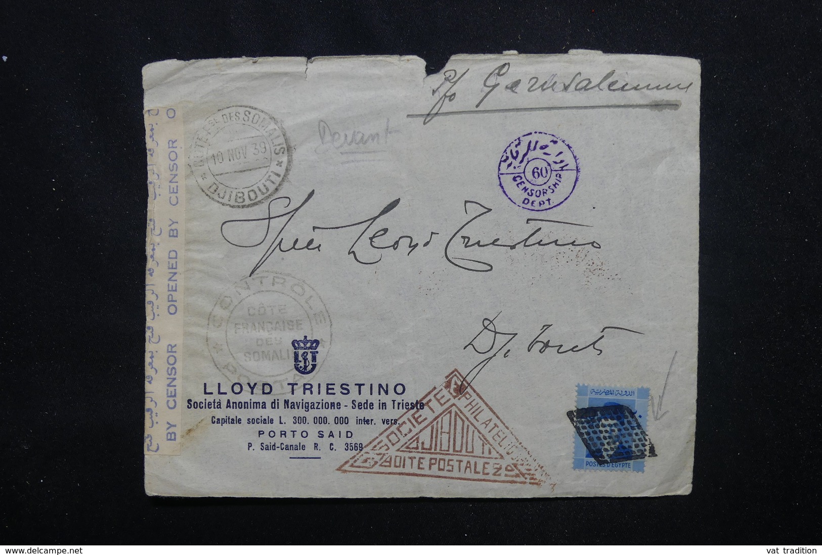 EGYPTE - Devant D'enveloppe Commerciale De Port Saïd Pour Djibouti En 1939 Avec Contrôle Postal - L 53032 - Covers & Documents