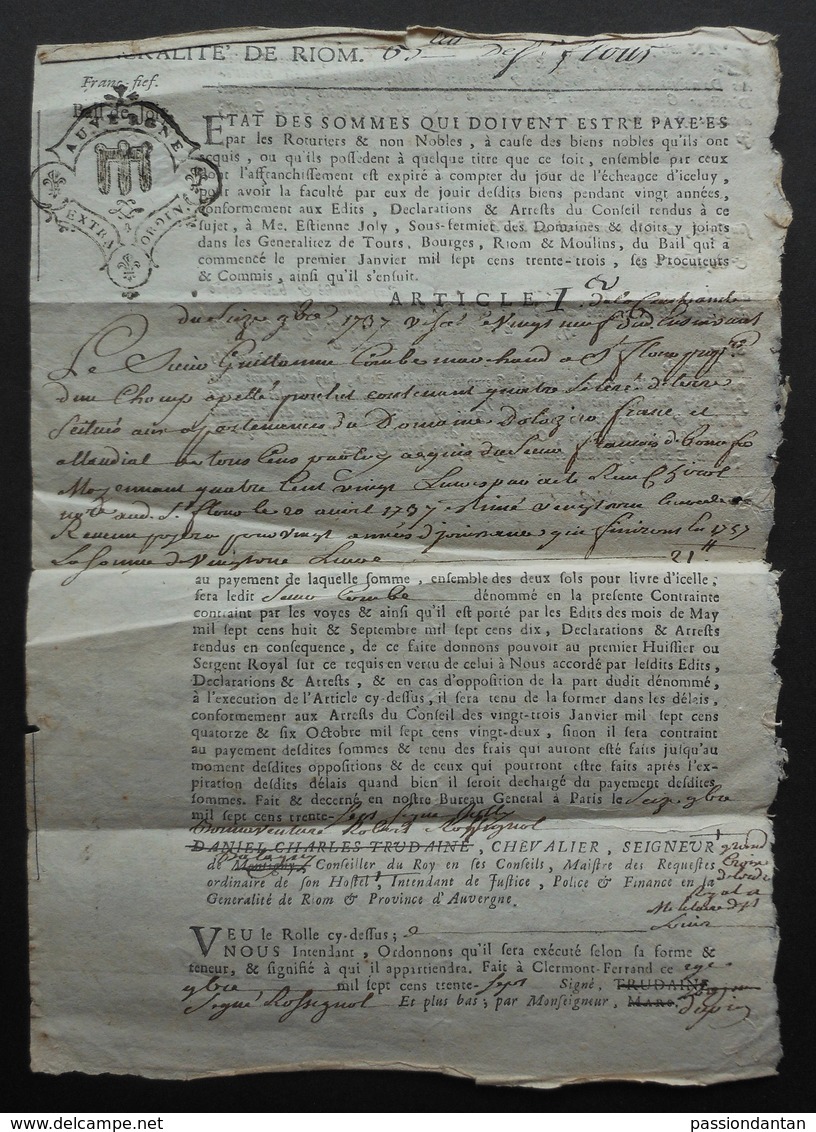 État Des Sommes Qui Doivent être Payées Par Les Roturiers Et Les Non Nobles Daté De 1737 - Cantal - Saint-Flour - Manuscrits