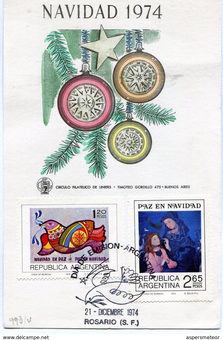 NAVIDAD 1974 PAZ EN NAVIDAD TARJETA CARD DIA DE EMISION 1974 ROSARIO - NTVG. - Navidad