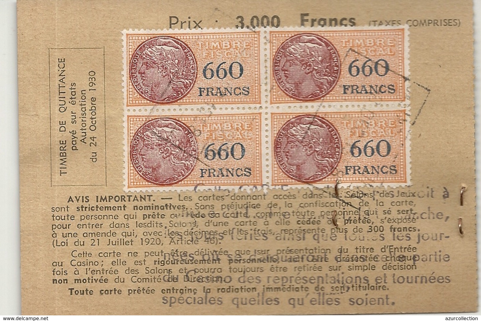 CASINO MUNICIPAL DE NICE . SAISON 1958/59 .FISCAUX 4X 660F - Tickets D'entrée
