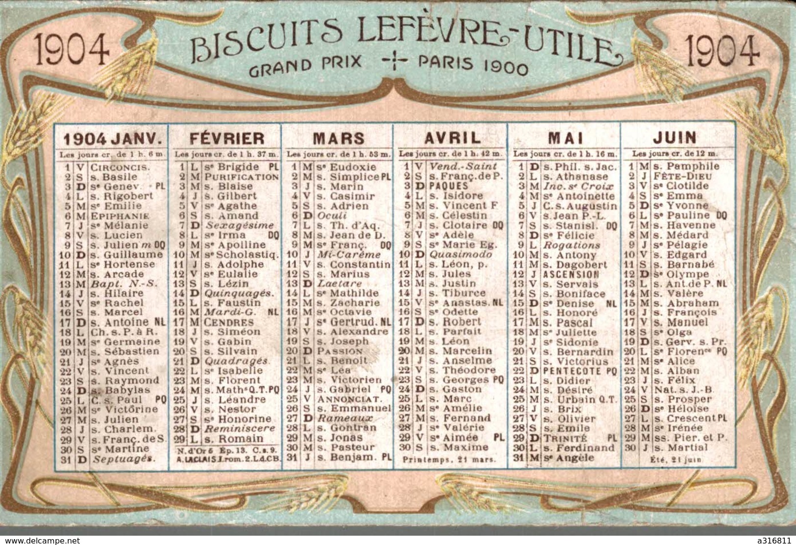 PUB LU - LEFEVRE UTILE - Calendrier , Chromo - Phare 1904 Complet 1er Semestre - Kleinformat : 1901-20