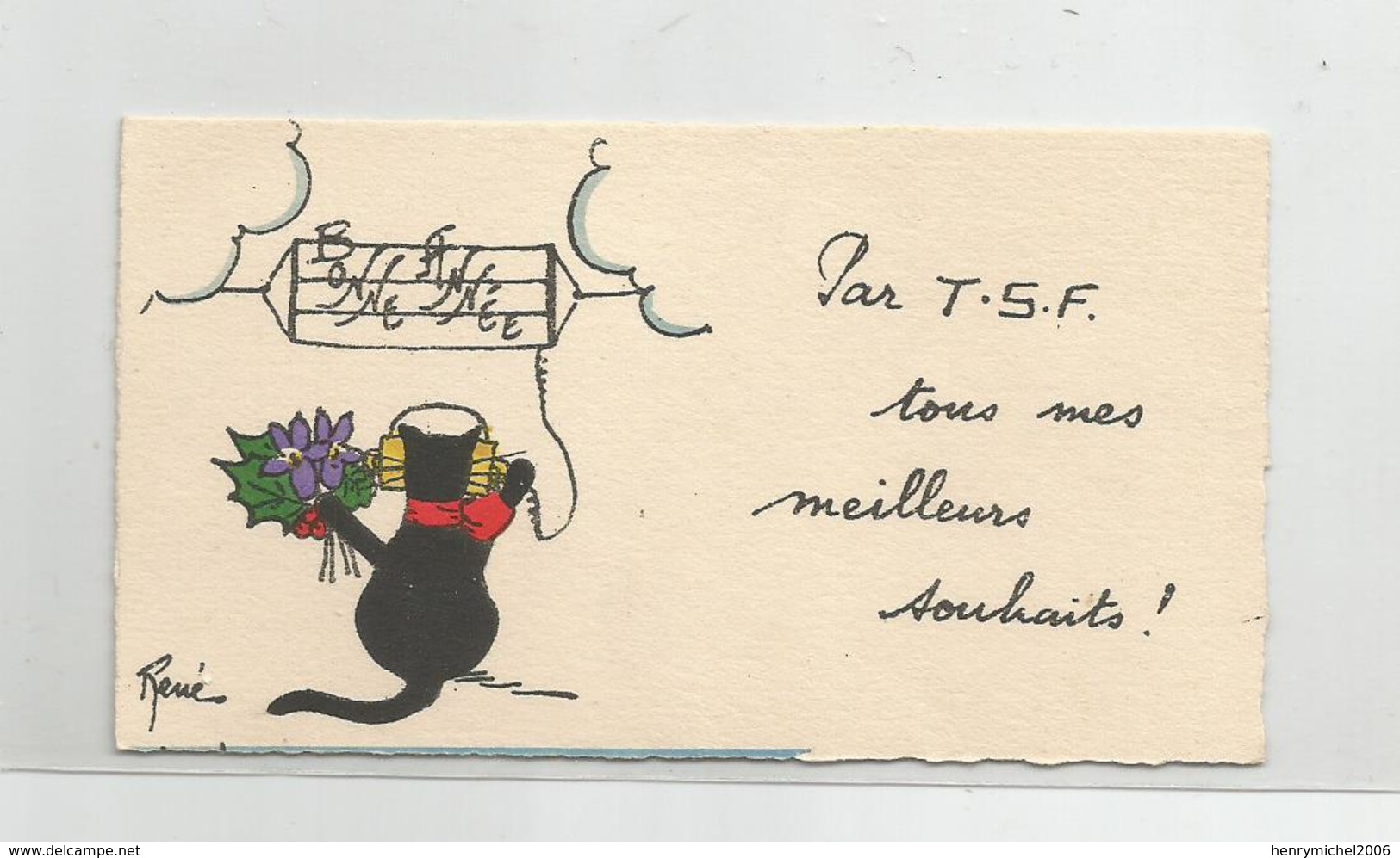 Mignonette Chat Noir Bonne Année Par Tsf Radio Par René 6,4x11,5 Cm - Other & Unclassified