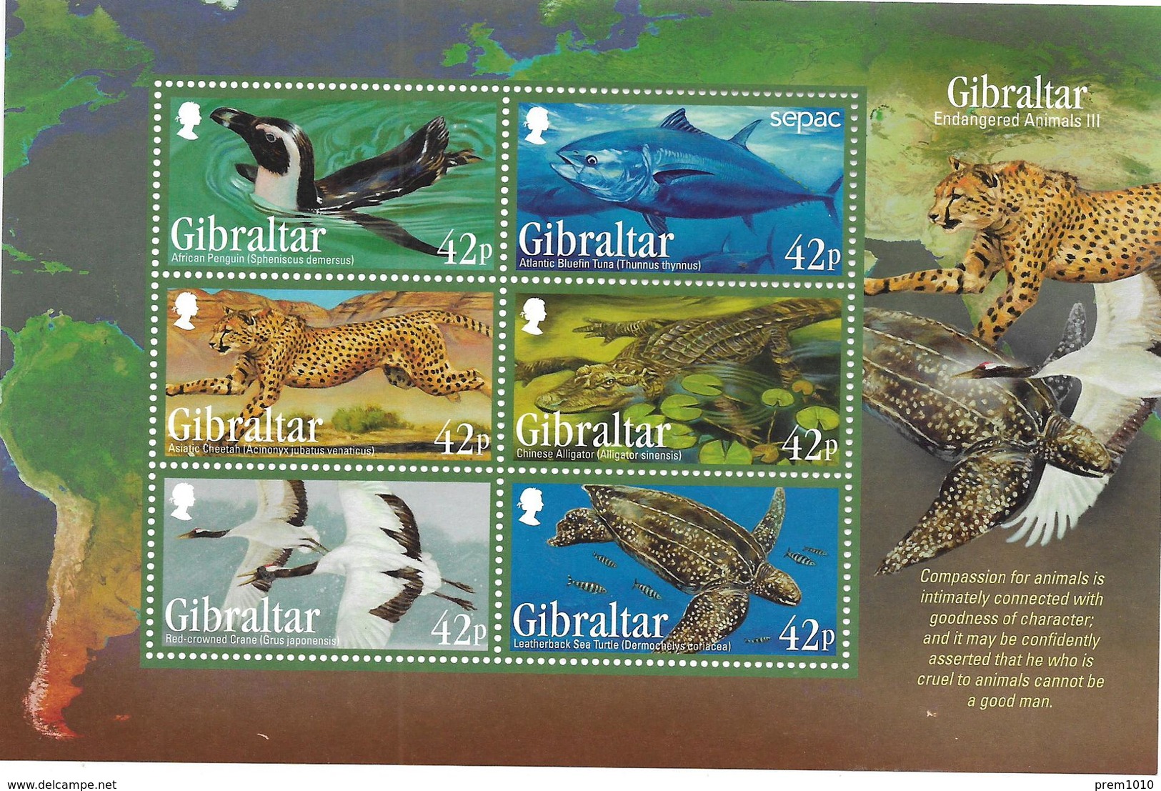 ENDANGERED ANIMALS OF THE WORLD- GIBRALTAR 2013- Miniature Sheet- MNH- Atlantic Blue-fin Tuna, Asiatic Cheetah, - Sonstige & Ohne Zuordnung