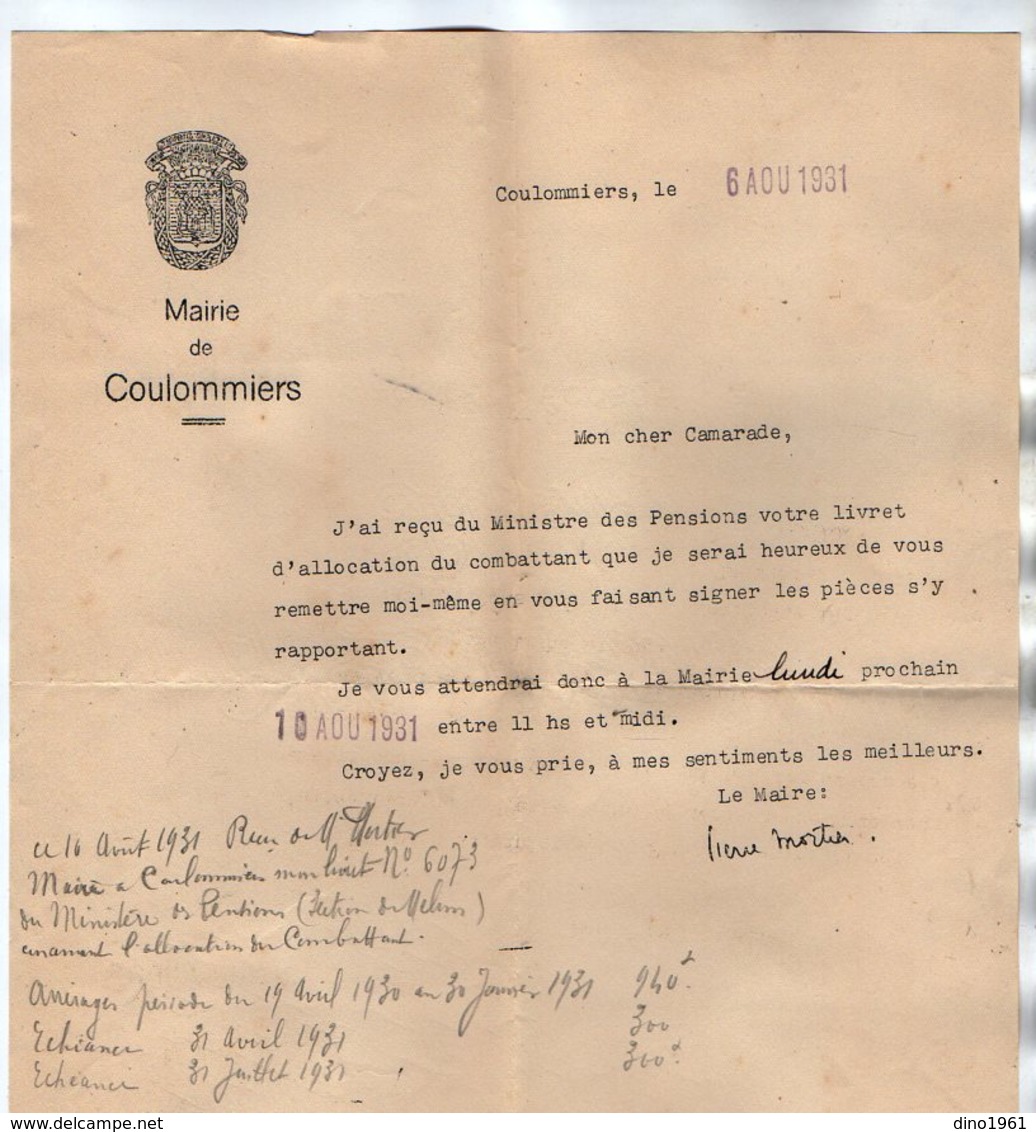 VP16.869 - 1931 - Lettre De Mr Le Maire De COULOMMIERS Relative Au Livret D'Allocation Du Combattant PAJARD - Dokumente