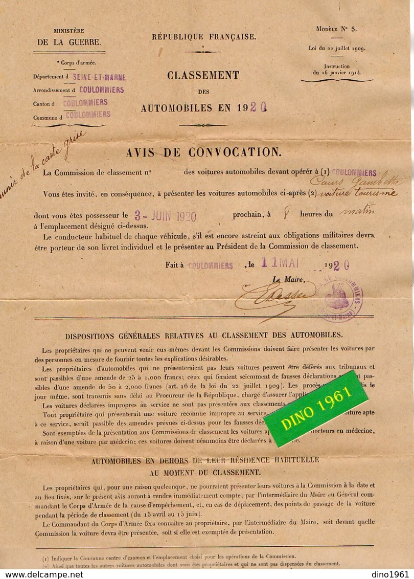 VP16.870 - MILITARIA - COULOMMIERS 1920 - Classement Des Automobiles En 1920 - Avis De Convocation - Mr Emile PAJARD - Documentos