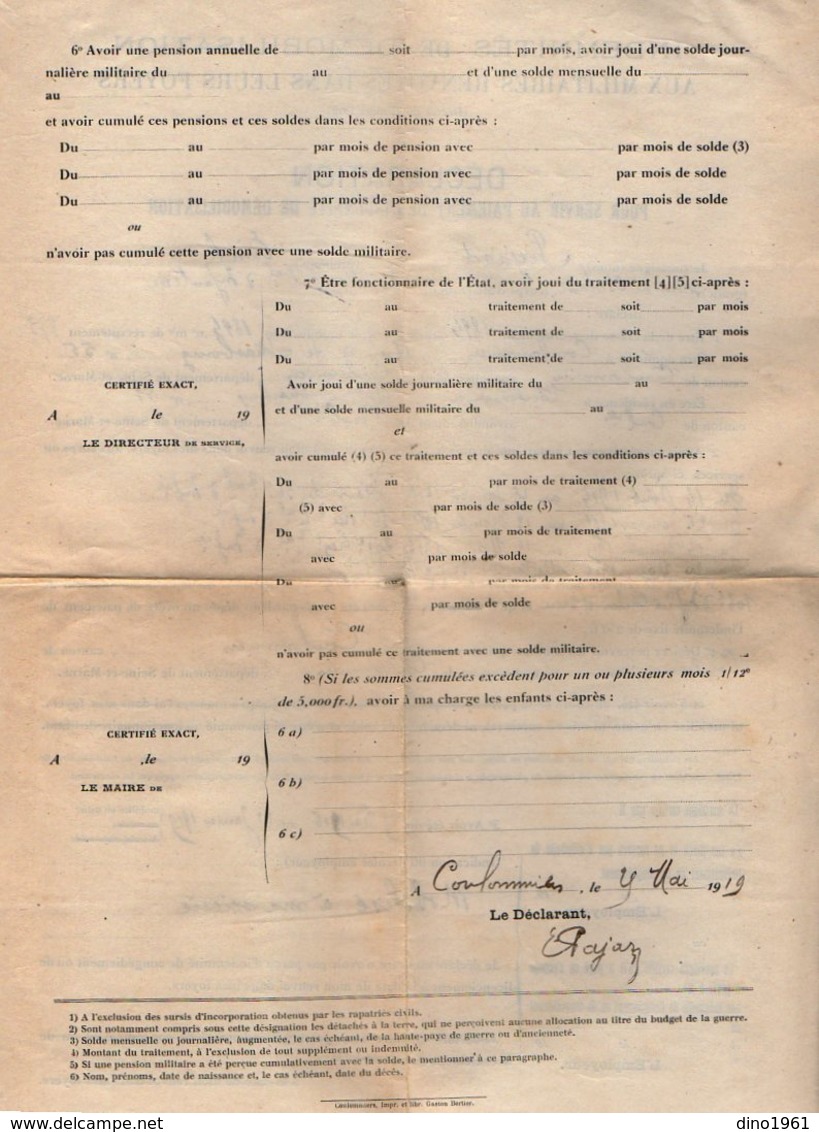 VP16.871 - MILITARIA - COULOMMIERS 1919 - Déclaration - Soldat Emile PAJARD Du 36 è Rgt Territorial D'Infanterie - Documenti