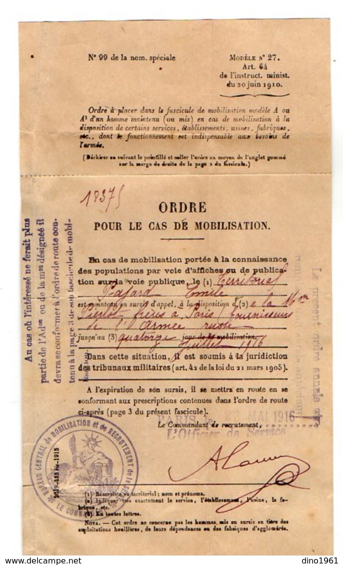 VP16.874 - MILITARIA - PARIS 1916 - Ordre Pour Le Cas De Mobilisation - Soldat Emile PAJARD De COULOMMIERS - Documentos