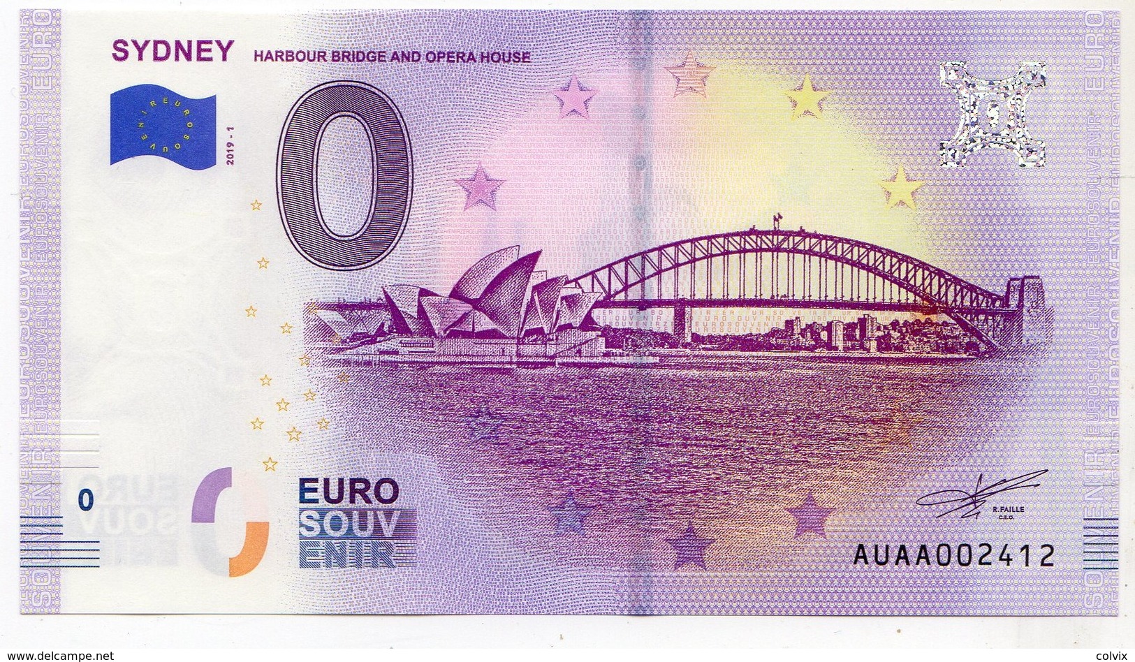 2019-1 BILLET TOURISTIQUE AUSTRALIE 0 EURO SOUVENIR N°AUAA002412 SYDNEY OPERA - Prove Private