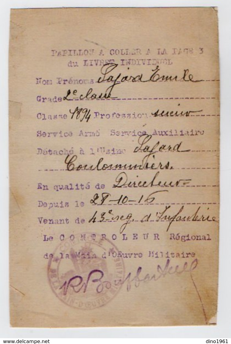 VP16.877 - MILITARIA - PARIS 1916 - Document Concernant Le Soldat E. PAJARD De COULOMMIERS Venant  43 è Rgt D'Infanterie - Documents