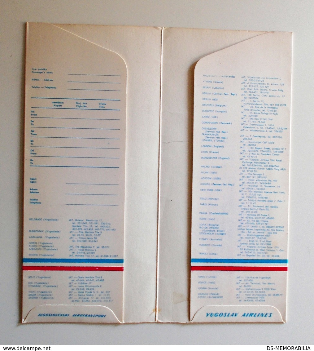 JAT Yugoslav Airlines Pasenger Informations Form Envelope Stewardess - Schrijfbenodigdheden