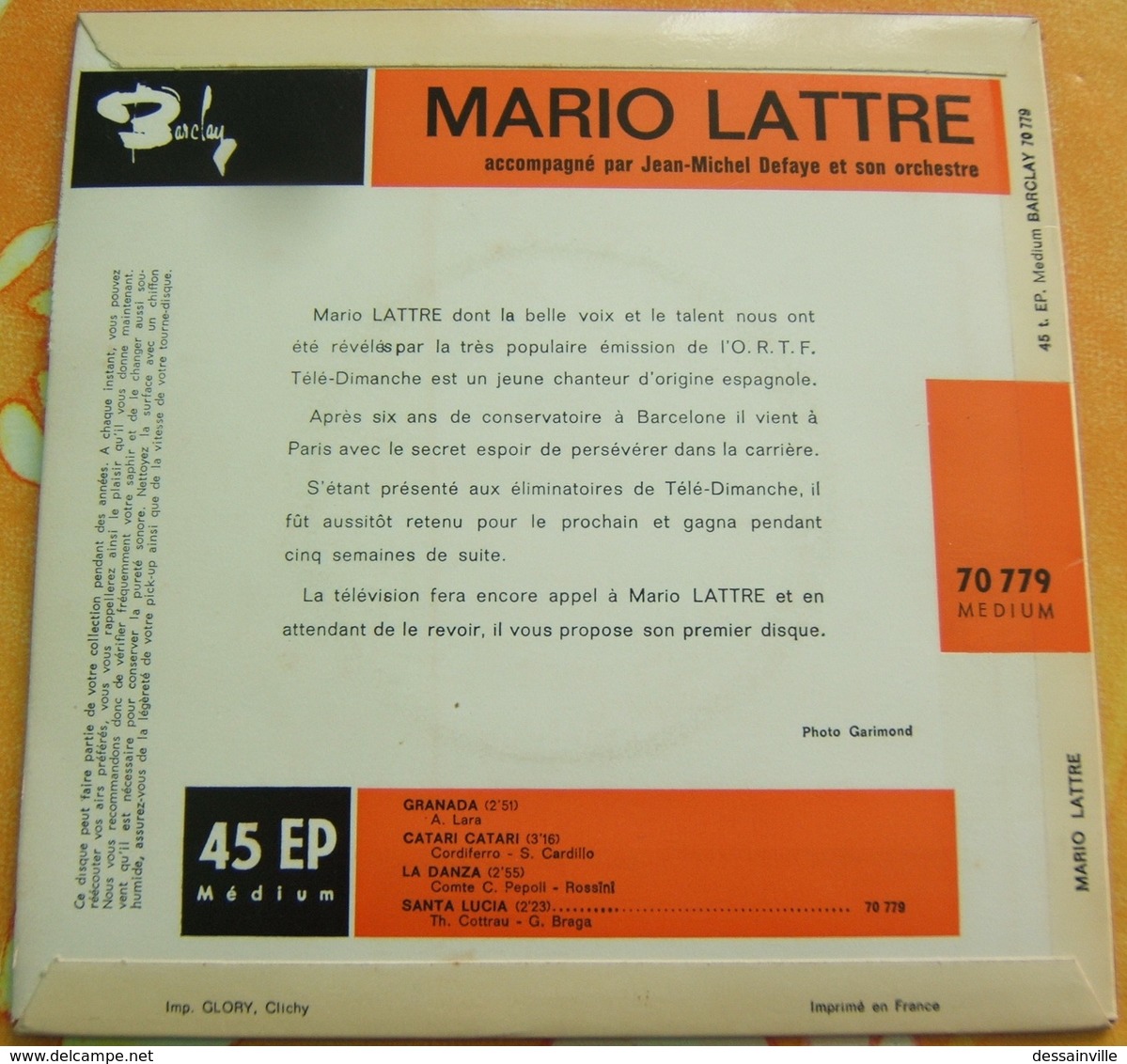 MARIO LATTRE 45 Tours - GRANADA / CATARI CATARI / LA DANZA / SANTA LUCIA - Révélation TELE-DIMANCHE - Sonstige - Spanische Musik
