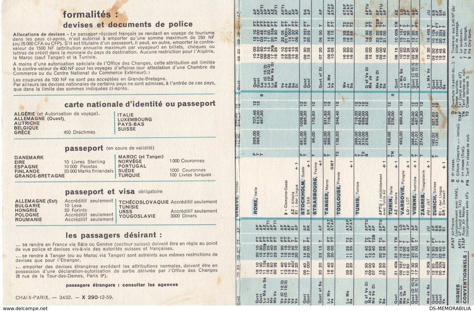 Air France Timetable 1960 Europe Alger Maroc Tunis Paris Airport - Horaires