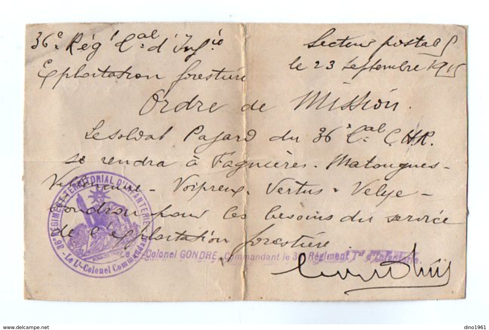 VP16.878 - MILITARIA - 1915 - Ordre De Misson - Soldat E. PAJARD De COULOMMIERS Au 36 è Rgt Tal D'Infanterie - Documents