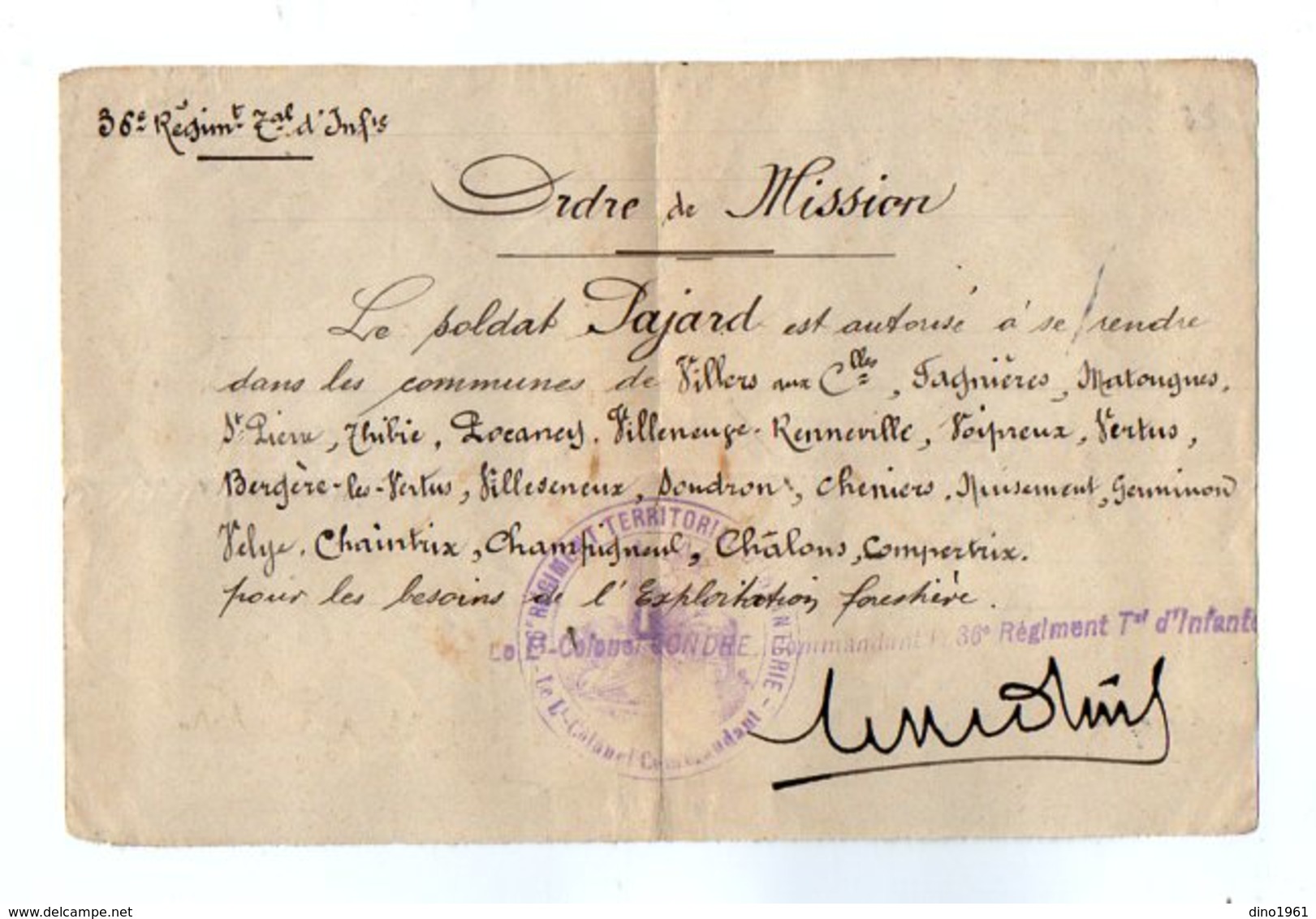 VP16.880 - MILITARIA - 1915 - Ordre De Misson - Soldat E. PAJARD De COULOMMIERS Au 36 è Rgt Tal D'Infanterie - Documentos