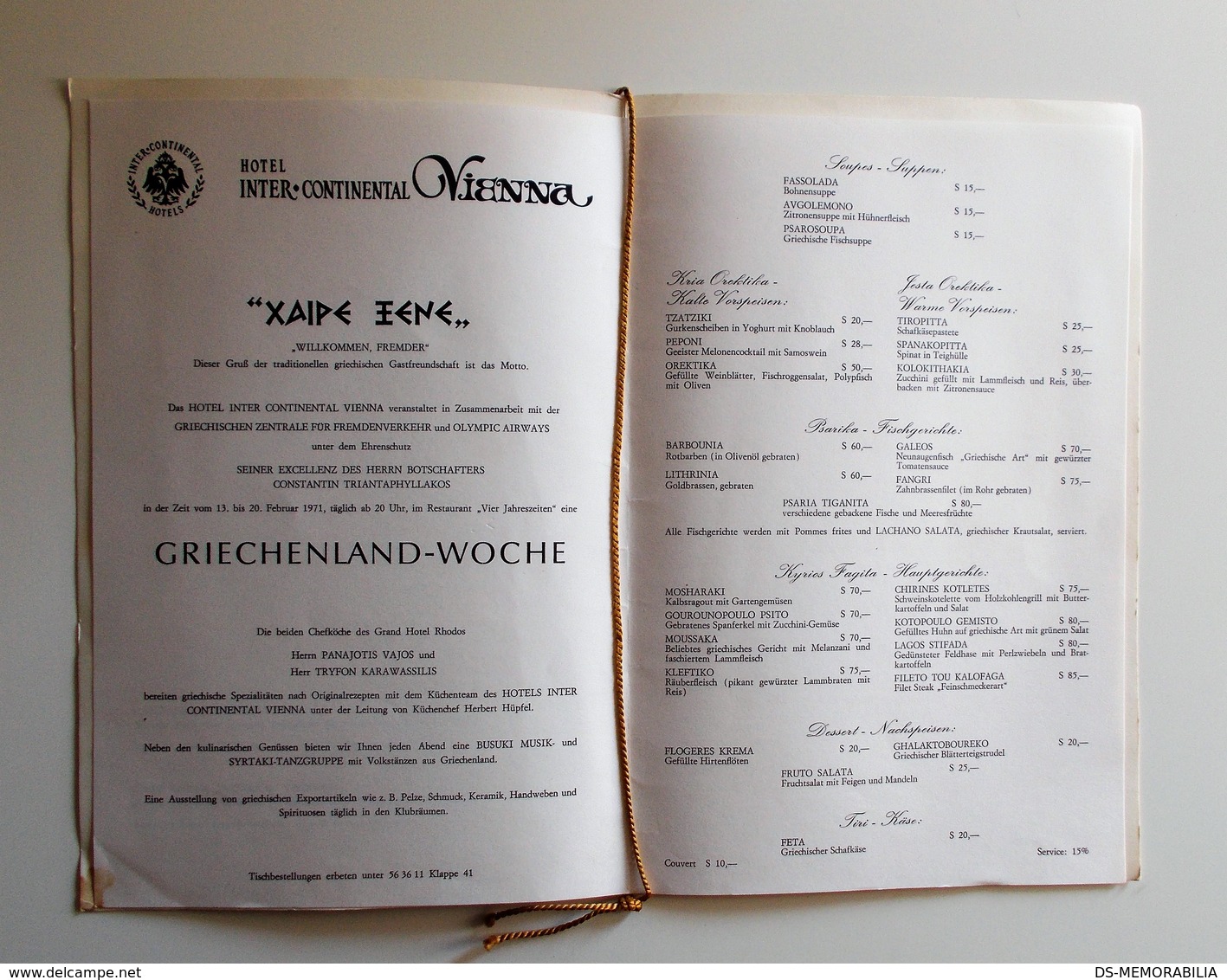 1971 Olympic Airways Greece Boeing 727-200 Menu Hotel Intercontinental Vienna - Menükarten