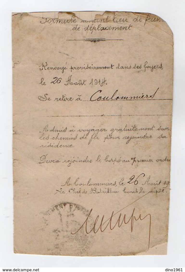 VP16.881 - MILITARIA - 1914 - Document Concernant Le Soldat E. PAJARD De COULOMMIERS - Documenti