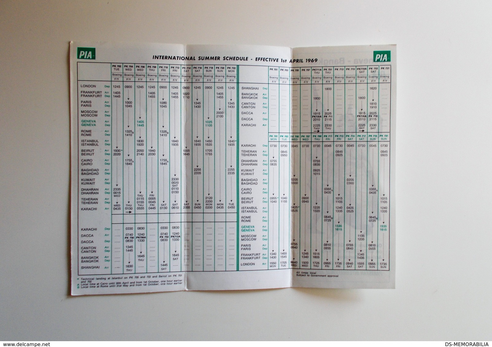 PIA Pakistan International Airlines Summer Timetable 1969 - Orari