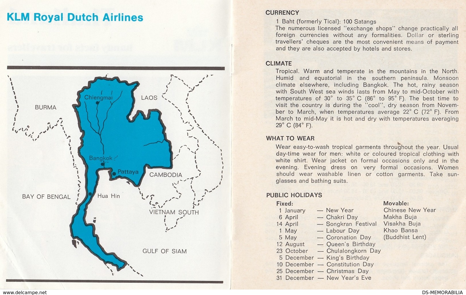 1974 KLM Royal Dutch Airlines Travell Brochure About Thailand - Flugmagazin