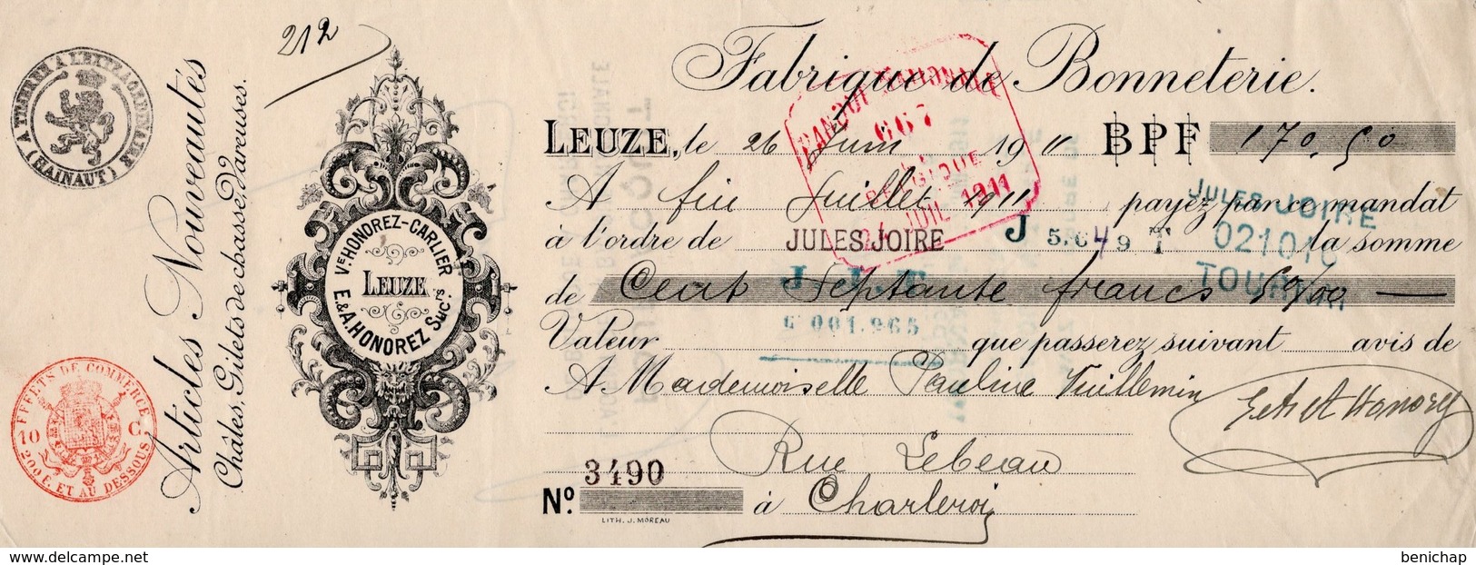 Quittance FABRIQUE DE BONNETERIE - GILETS DE CHASSE - VAREUSES - VEUVE HONOREZ-CARLIER - LEUZE - 1911 - Lettres De Change