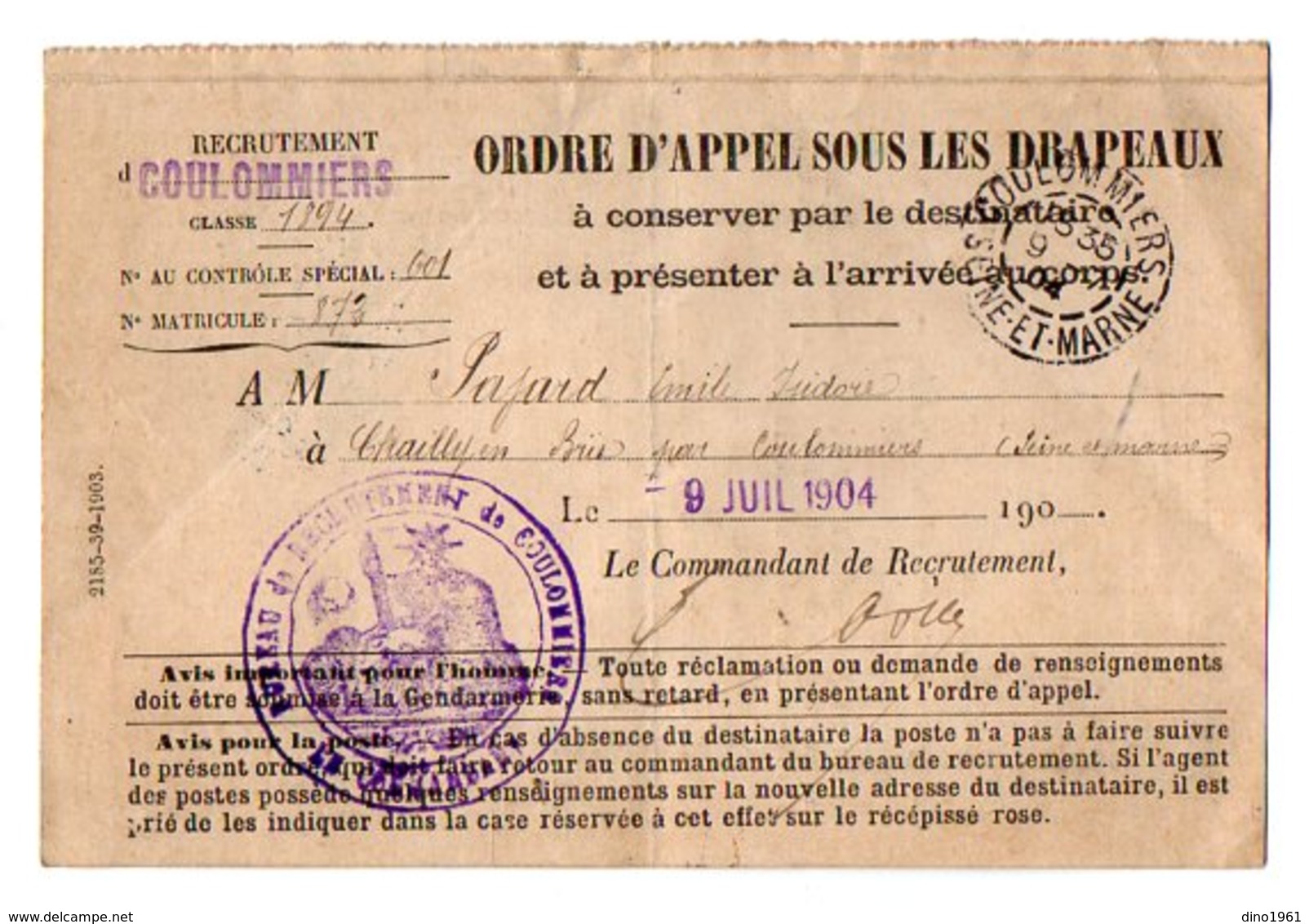 VP16.886 - COULOMMIERS 1904 - Franchise Militaire - Ordre D'Appel Sous Les Drapeaux - Mr E. PAJARD De CHAILLY EN BRIE - Documentos