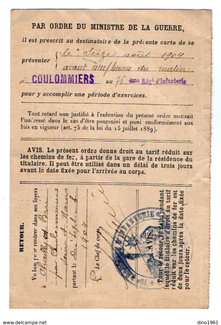 VP16.886 - COULOMMIERS 1904 - Franchise Militaire - Ordre D'Appel Sous Les Drapeaux - Mr E. PAJARD De CHAILLY EN BRIE - Documenten