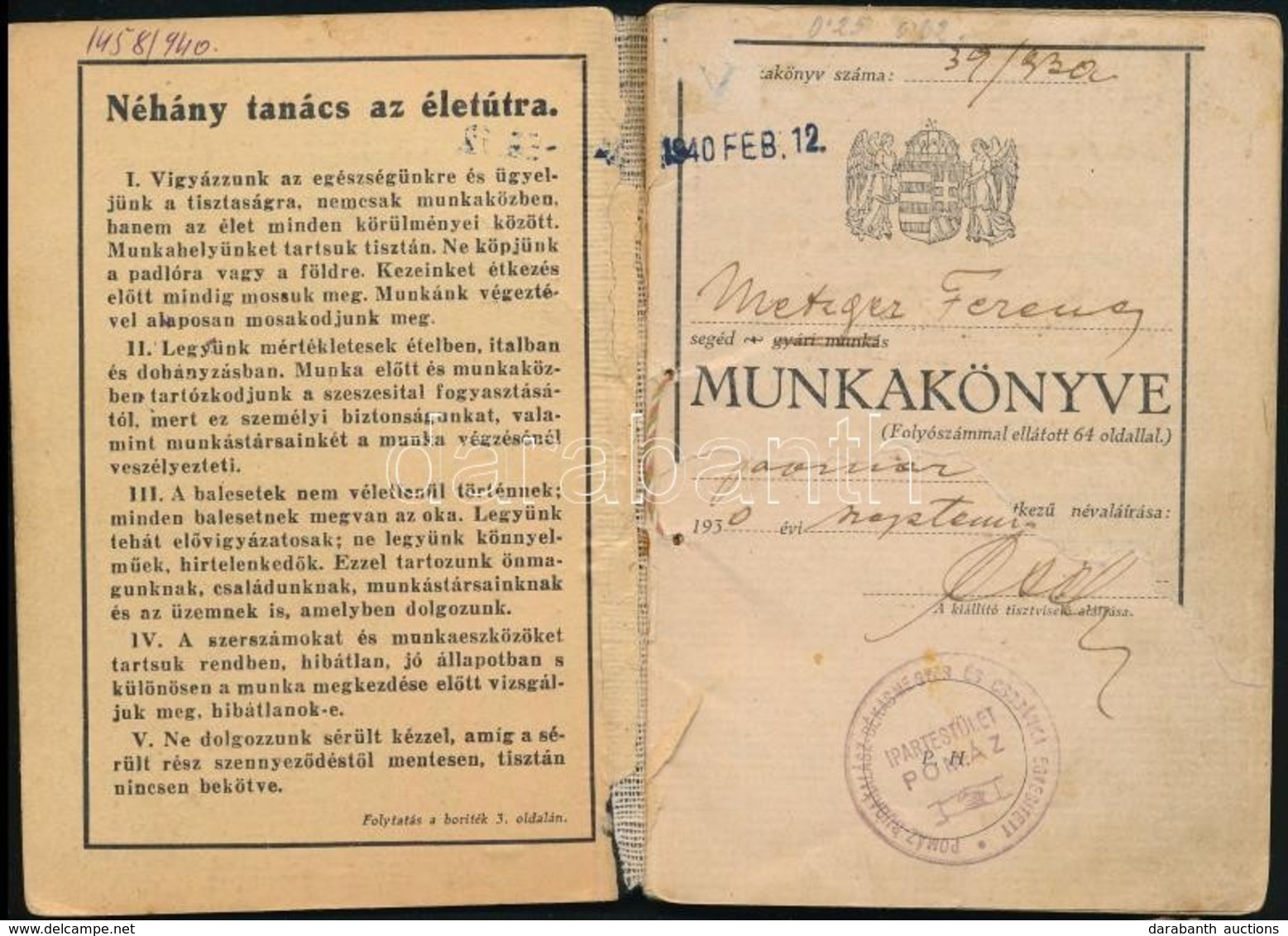 1930 Munkakönyv Asztalos Számára, Szakadásokkal - Non Classés