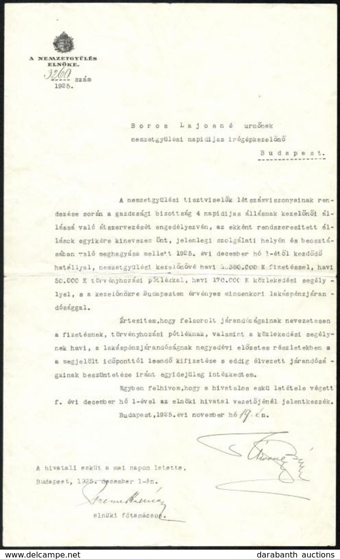 1925 Bp., Nagykéri Scitovszky Béla (1878-1959) A Nemzetgyűlés Elnöke, Későbbi Belügyminiszter által Saját Kézzel Aláírt  - Unclassified