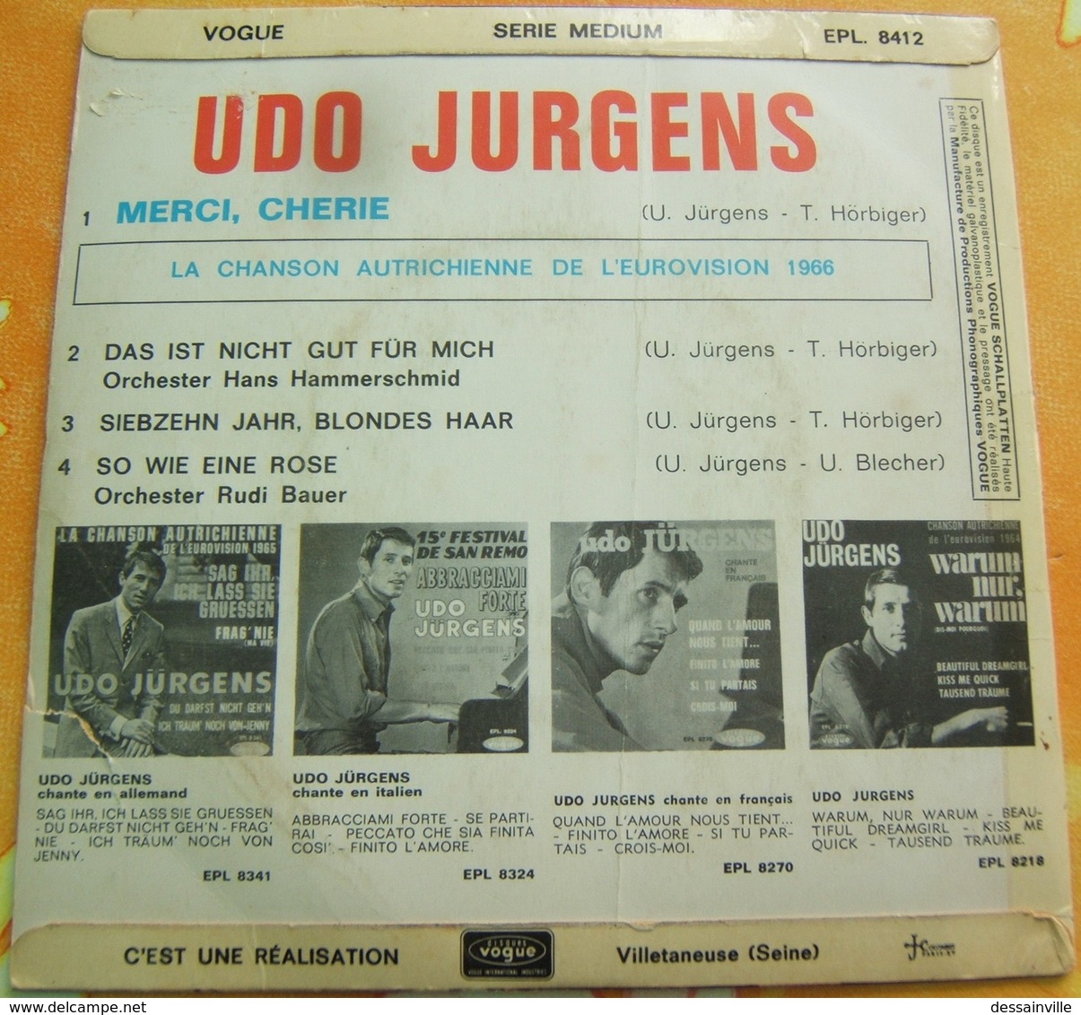 45 Tours - UDO JURGENS EUROVISION 1966 - MERCI CHERIE / DAS IST NICHT GUT FUR MICH / SO WIE EINE ROSE / SIEBZEHN JAHR .. - Other - German Music