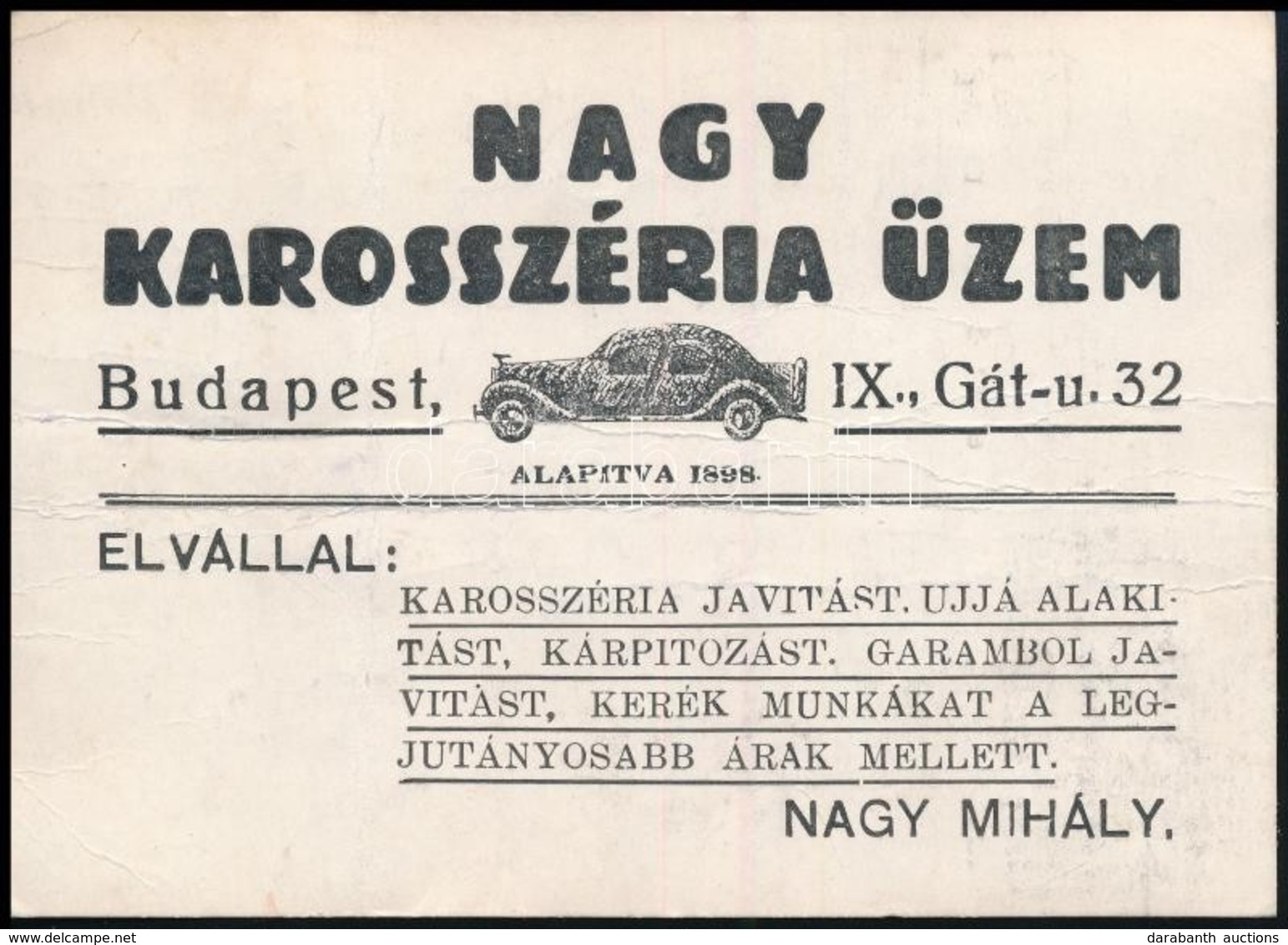 Nagy Karosszéria Üzem Budapest IX. Gát Utca Reklámkártya - Werbung