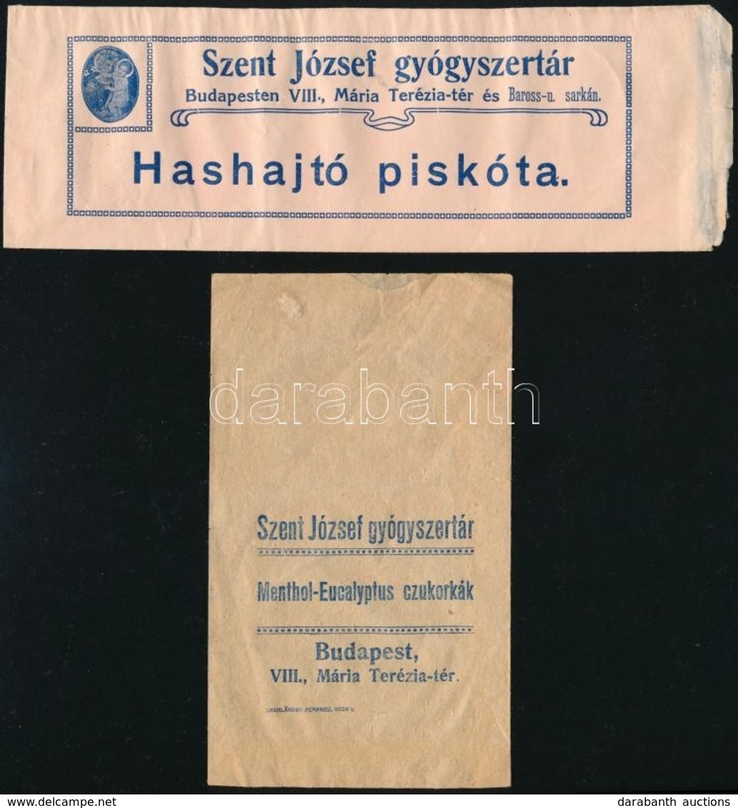 Cca 1915 Bp. VIII., Mária Terézia Téri Szent József Gyógyszertár által Készített Hashajtó Piskóta és Cukorka Papírzacskó - Werbung