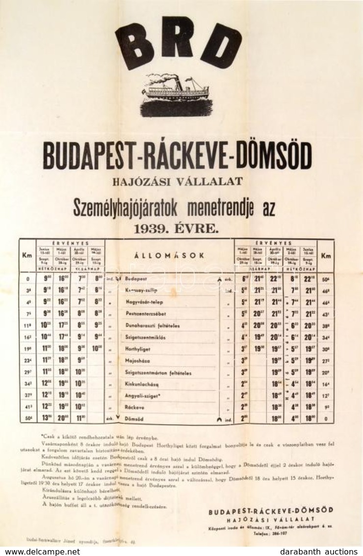 1939 Budapest-Ráckeve-Dömsöd Hajózási Vállalat Személyhajójáratok Menetrendje, Plakát, 47×31 Cm - Sonstige & Ohne Zuordnung