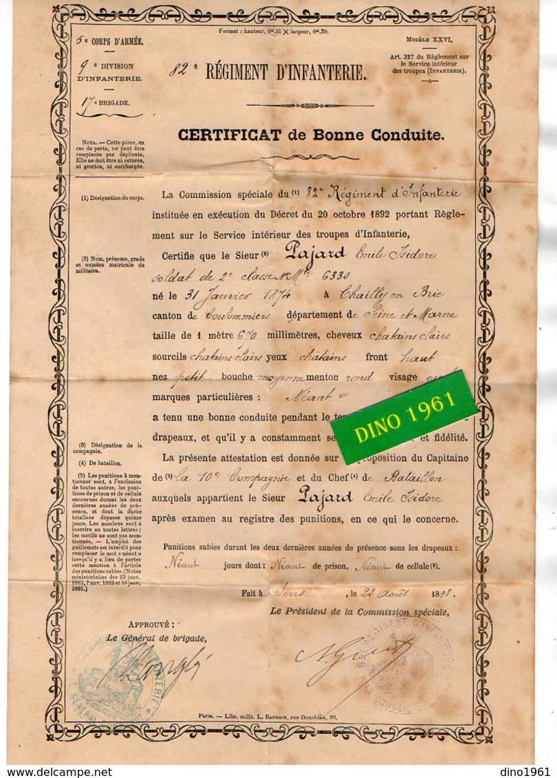 VP16.887 - MILITARIA - SENS 1898 - Certificat De Bonne Conduite - Soldat E. PAJARD De CHAILLY EN BRIE Au 82è Rgt D'Inf - Documenti
