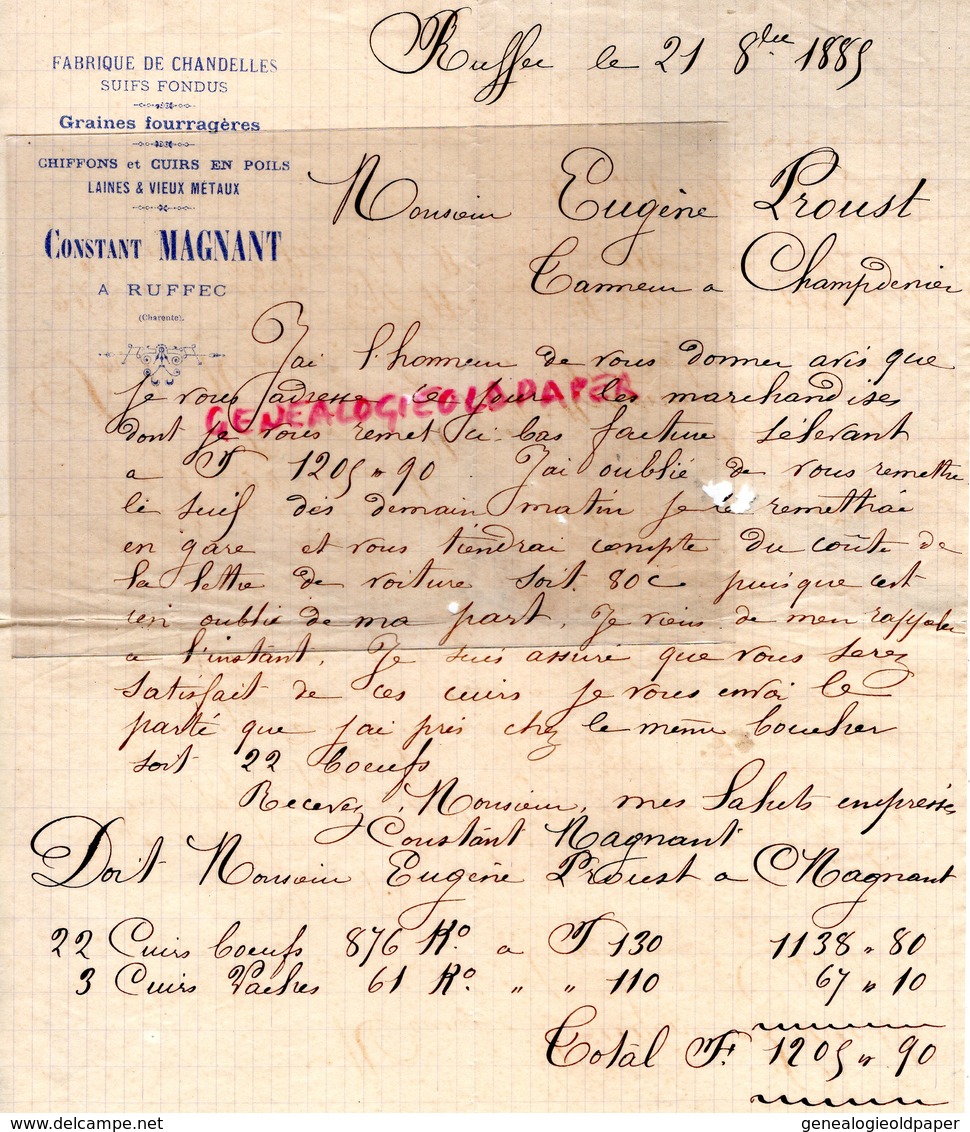 16 - RUFFEC- RARE LETTRE MANUSCRITE SIGNEE CONSTANT MAGNANT- FABRIQUE CHANDELLES-SUIFS FONDUS-CHIFFONS 1885 - Druck & Papierwaren