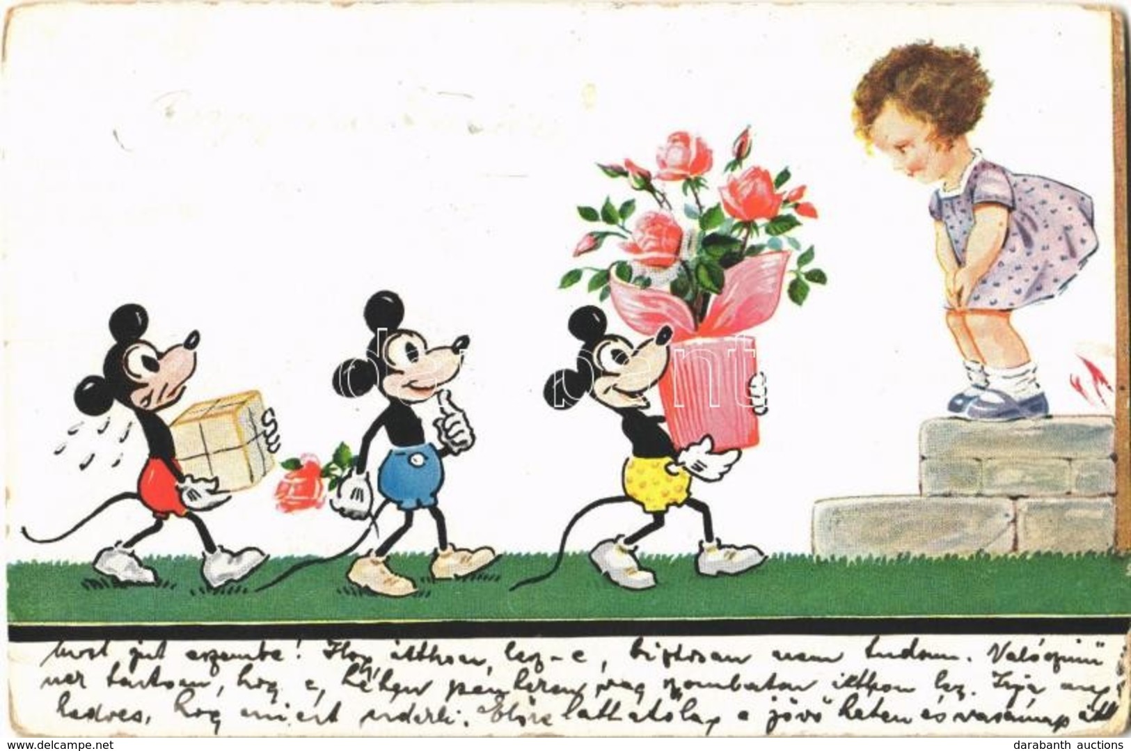 T2/T3 1931 Mickey Mouse, Early Disney Art Postcard. W.S.S.B. 8876. + 'ÚJDOMBÓVÁR - JUTAS 226 A' Vasúti Mozgóposta Bélyeg - Sin Clasificación