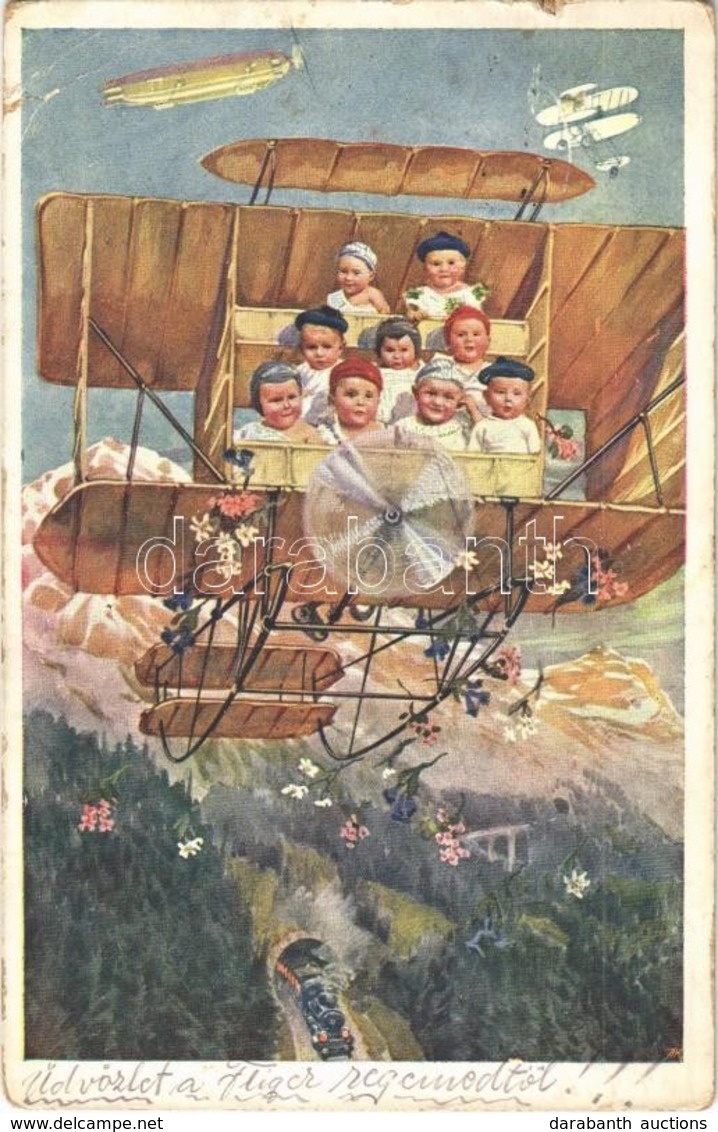 T2/T3 1917 Children On An Airplane, Glider, Airship, Locomotive. B.K.W.I. 758-4. S: F. Kaufmann (small Tear) - Non Classés