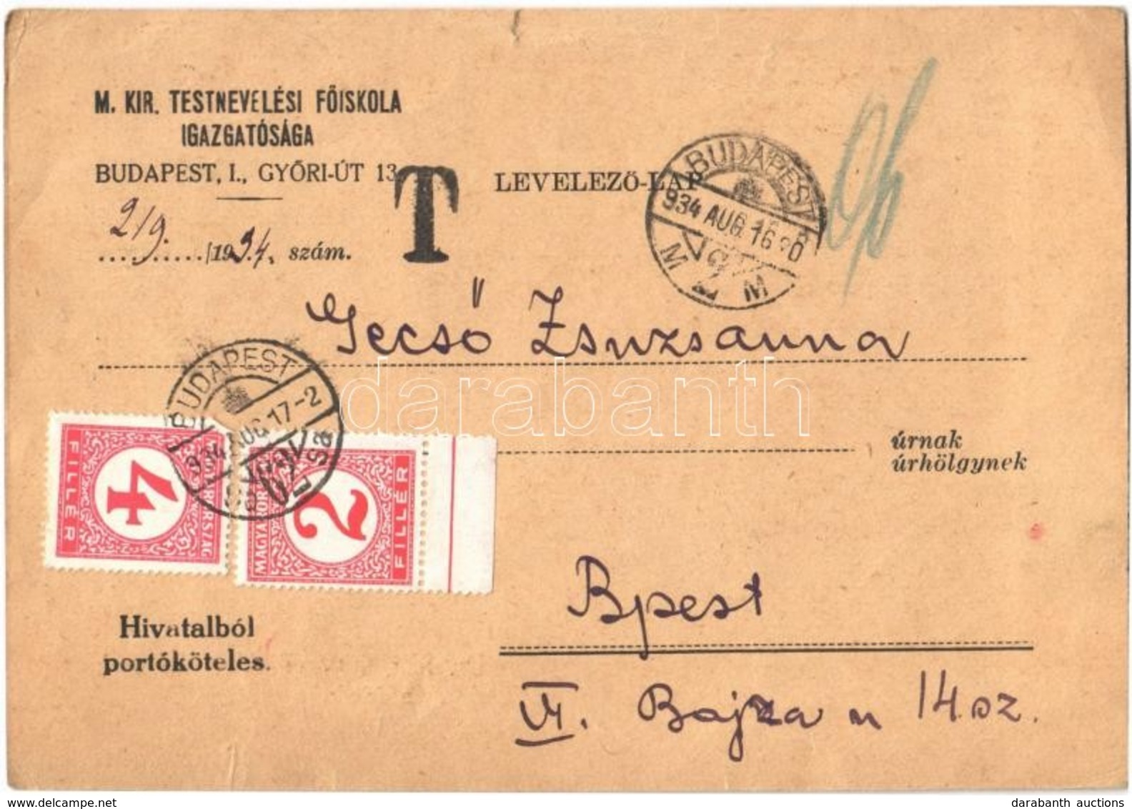 T3 1934 M. Kir. Testnevelési Főiskola Igazgatósága. Budapest Győri út 13. Felvételi Vizsga Meghívó  (szakadás / Tear) - Unclassified