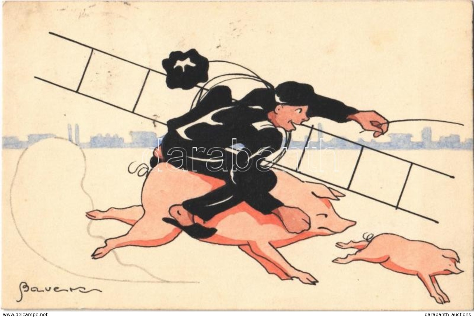T2 1930 New Year. Chimney Sweeper Riding On A Pig. Hand-drawn - Ohne Zuordnung