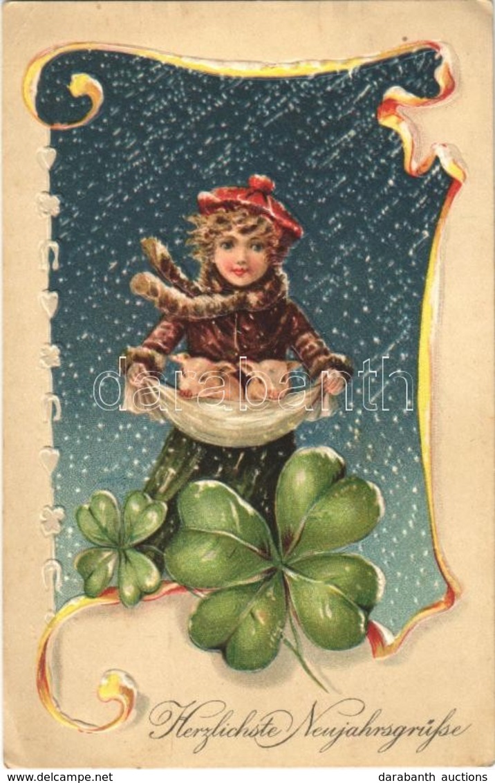 T2/T3 1916 Herzlichste Neujahrsgrüsse / New Year, Girl With Pigs And Clover. EAS 17281/17282. Art Nouveau Emb. Litho (EK - Non Classés