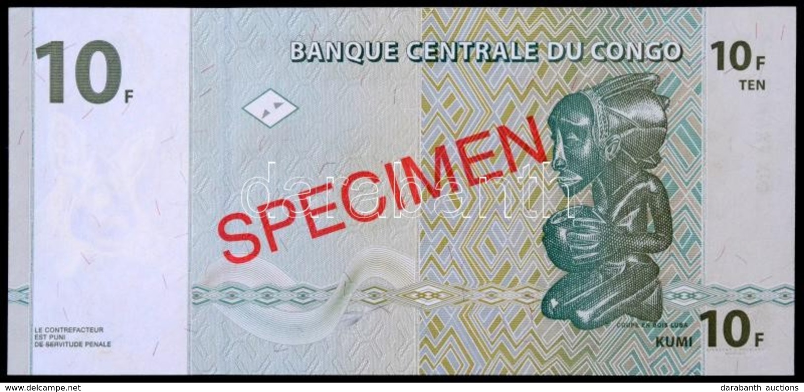Kongó 1997. 10Fr 'MINTA' Felülbélyegzéssel, 'H0000000A' T:I,I- / 
Congo 1997. 10 Francs With 'SPECIMEN' Overprint '00000 - Sin Clasificación