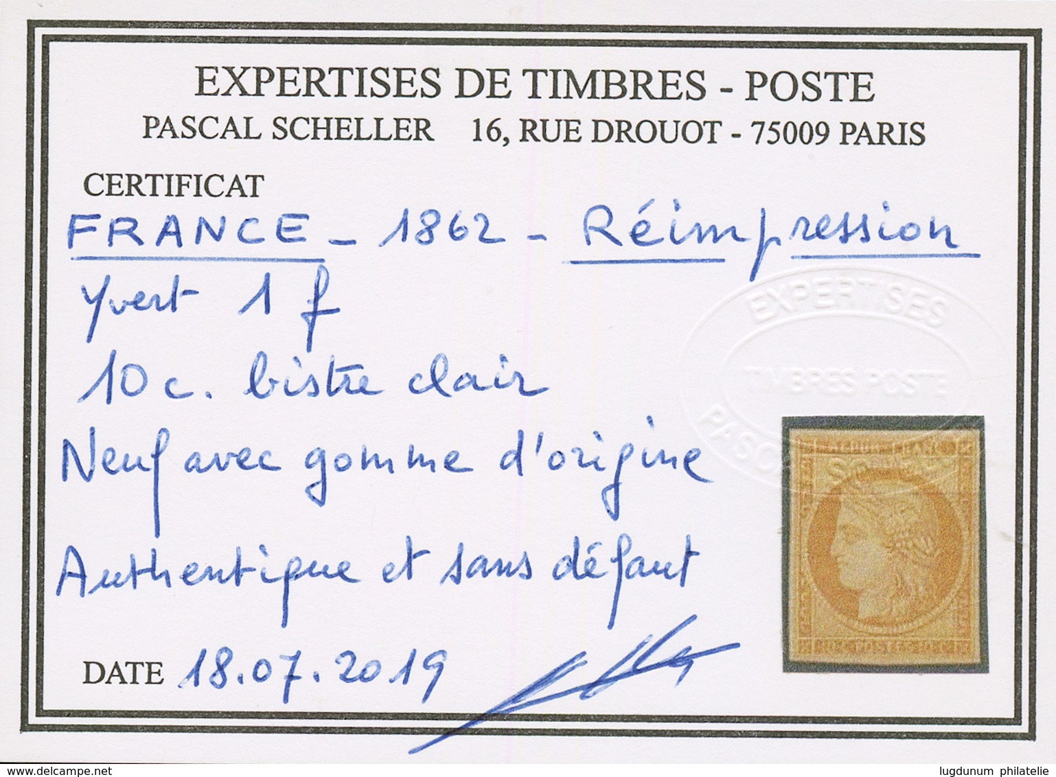 10c CERES REIMPRESSION (n°1f) Neuf *. Cote 650€. Certificat SCHELLER. Superbe. - Other & Unclassified