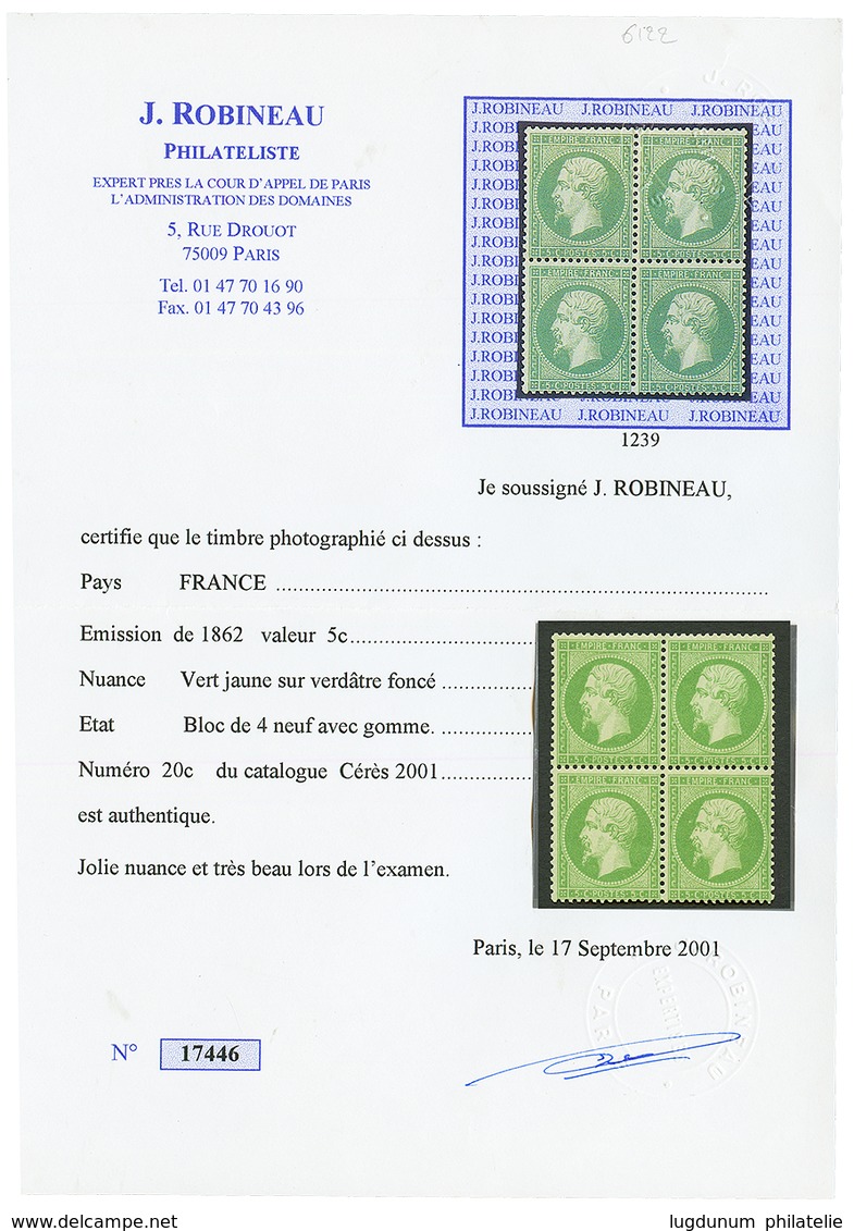 5c (n°20g) Vert Jaune Sur Verdâtre Fonçé Neuf (2ex. **, 2 Ex. *). Jolie Nuance. Certificat ROBINEAU (2001). Superbe. - Otros & Sin Clasificación