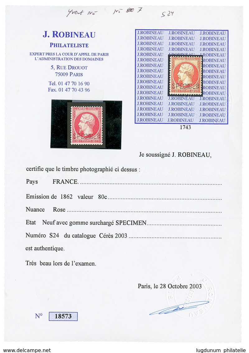 80c (n°24d) Surchargé SPECIMEN Neuf **. Cote 1300€. Signé BRUN. Certificat ROBINEAU (2003). Superbe. - Other & Unclassified